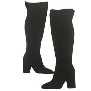 Nine West Siventa Over The Knee Boots Chunky Block Heel Solid Black Suede 5.5 M